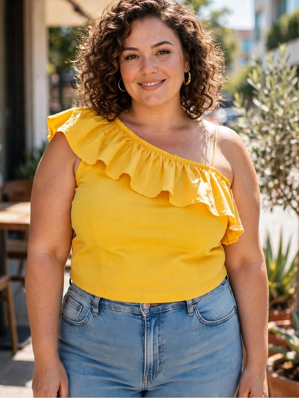 J.Crew Factory Golden Mustard One Shoulder Ruffle Cotton Top XL